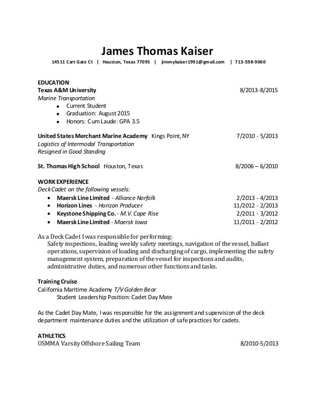 Sample Resume format for Seaman Deck Cadet Marine Transportation Deck Cadet Resume Best Resume Ideas
