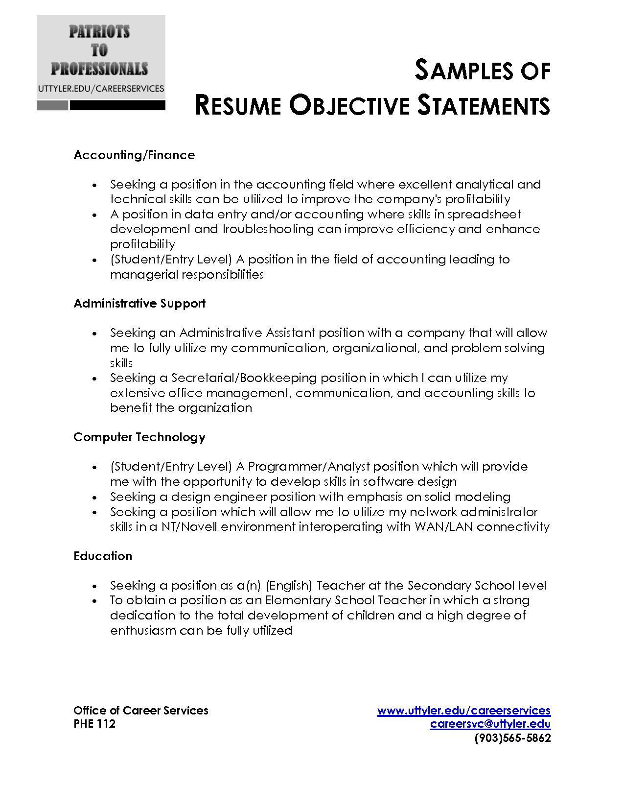 Sample Resume Objective for Any Position Pin On Random