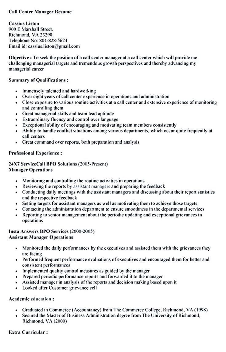 Sample Resume Objective for Call Center Director Of Call Center Resume October 2021