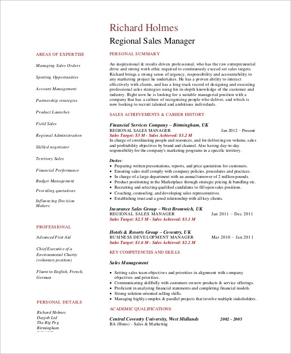 Sample Resume Regional Sales Manager India Free 9 Sample Sales Manager Resume Templates In Ms Word