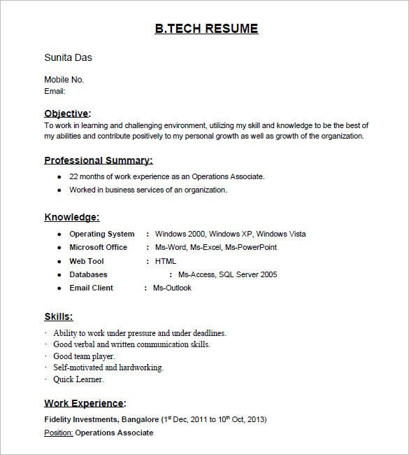 Sample Summary for Resume for Freshers 16 Resume Templates for Freshers Pdf Doc