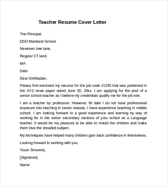Sample Teacher Resume and Cover Letter Free 14 Teacher Cover Letter Examples In Pdf