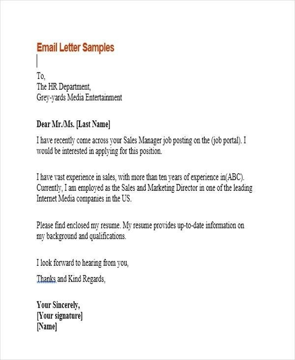 Simple Sample Email for Job Application with Resume 11 Sample Email Application Letters Free Premium Templates