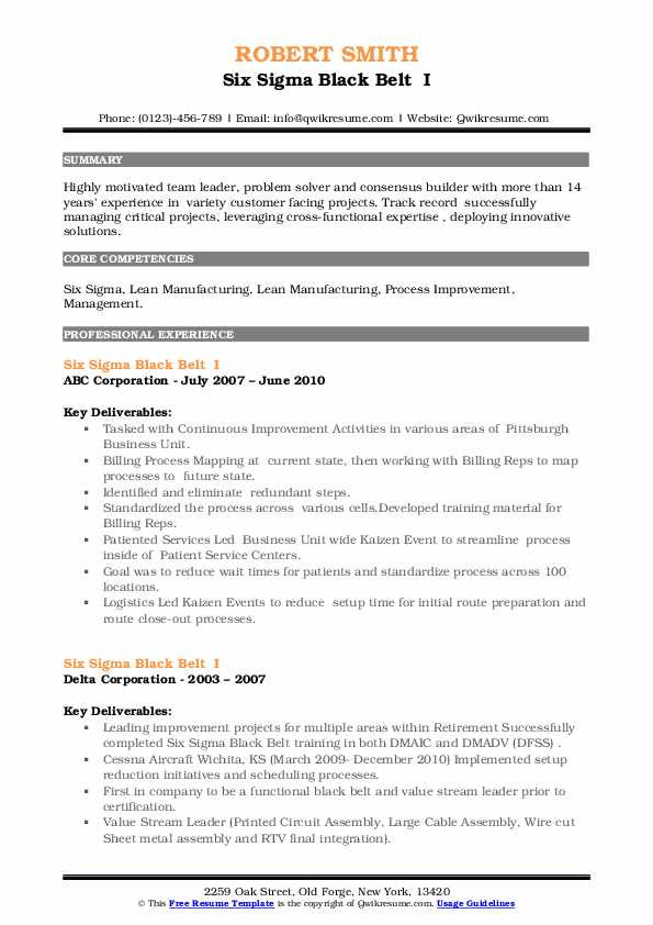 Six Sigma Black Belt Resume Sample Six Sigma Black Belt Resume Samples