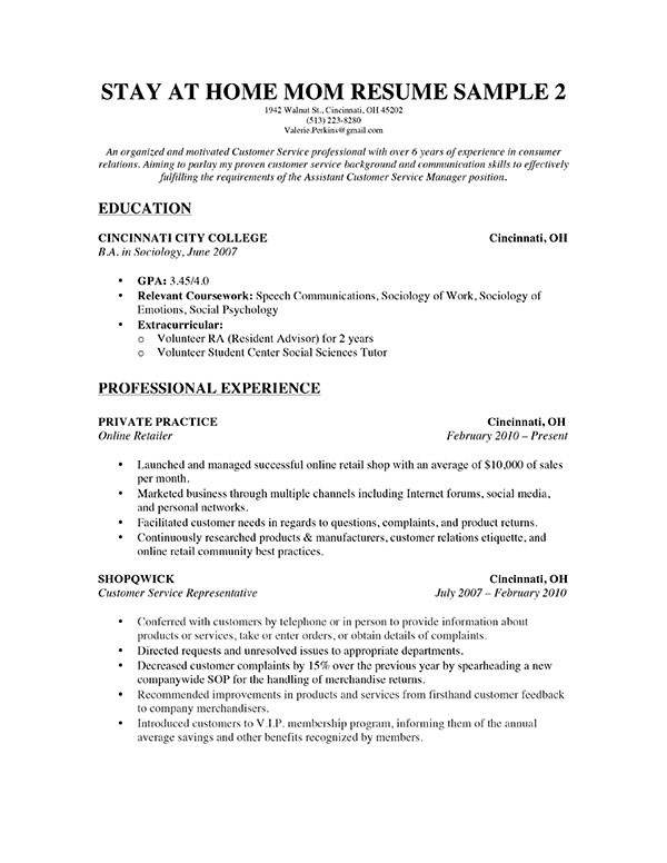 Stay at Home Parent Resume Sample How to Write A Stay at Home Mom Resume