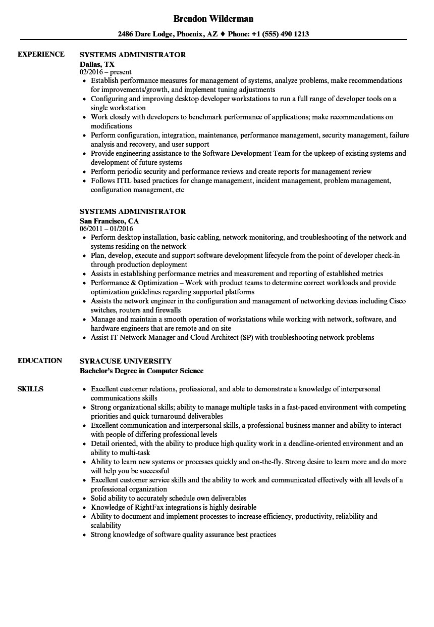 System Administrator Sample Resume 4 Years Experience Systems Administrator Resume Samples