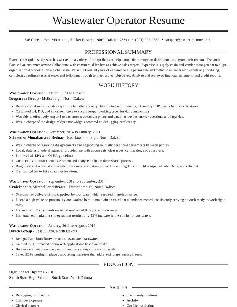 Water Treatment Plant Operator Resume Sample Wastewater Operator Resume Templates & Examples Rocket Resume