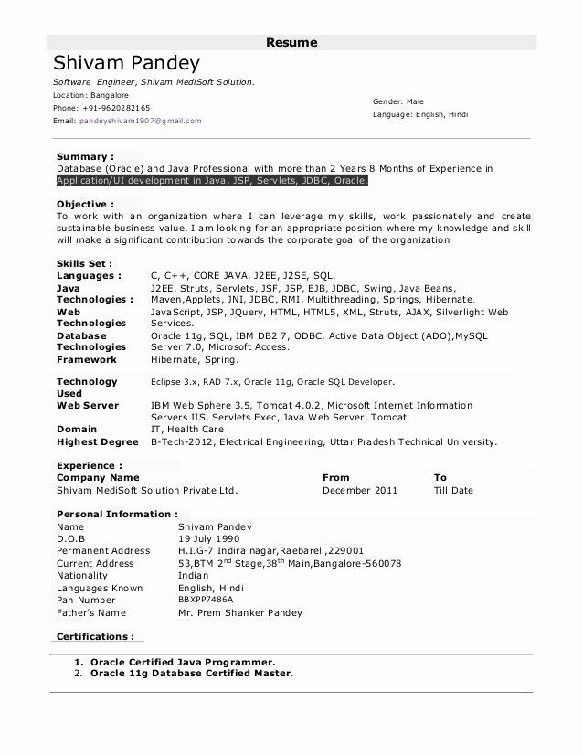 1 Year Java Experience Resume Sample Resume for E Year Experienced software Engineer Most