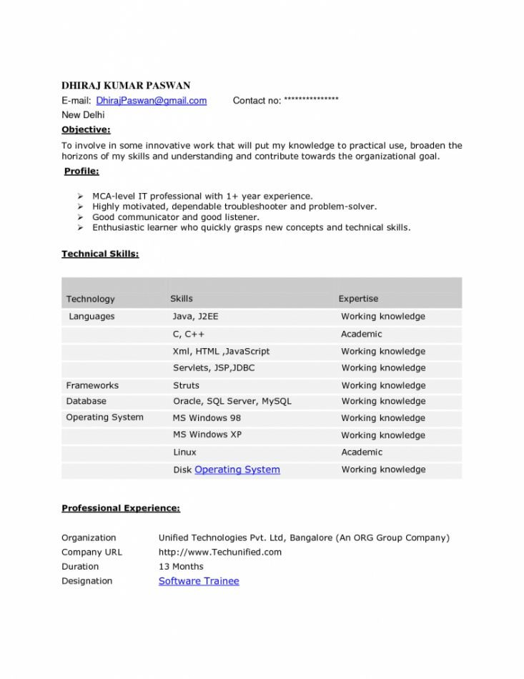1 Year Java Experience Resume Sample Resume Template Free Resume format for 1 Year Experienced
