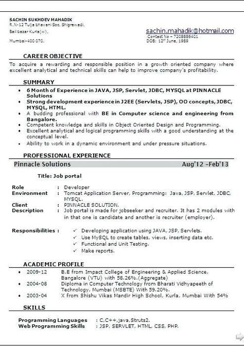 6 Months Experience Resume Sample In Java for 6 Months Experience In Java
