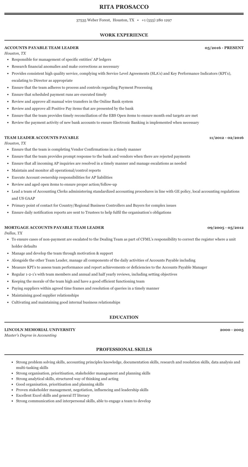 Accounts Payable Team Leader Resume Sample Trade Payables Ledger Control Account