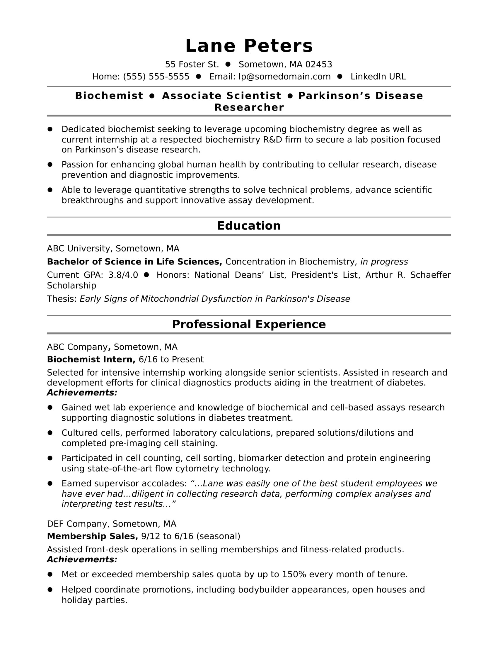Degree In Progress On Resume Sample Entry-level Biochemist Resume Sample Monster.com
