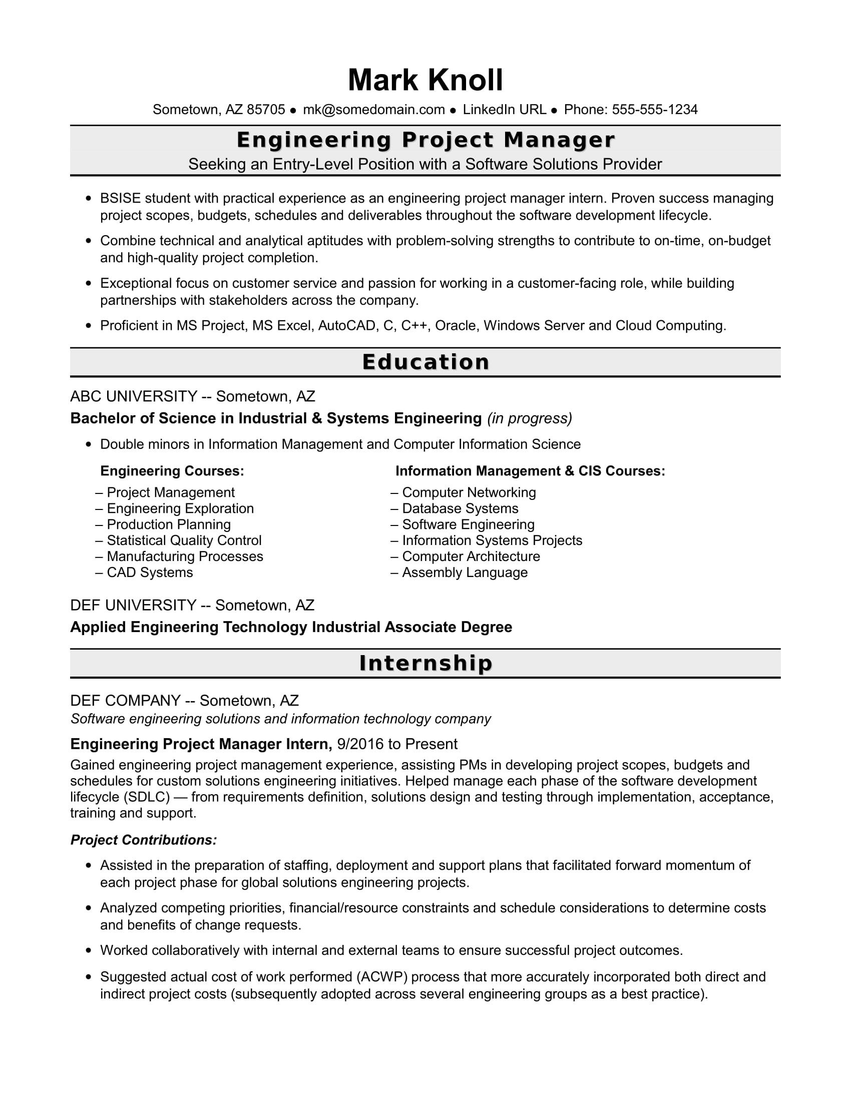 Entry Level Project Manager Sample Resume Entry Level Project Manager Resume for Engineers