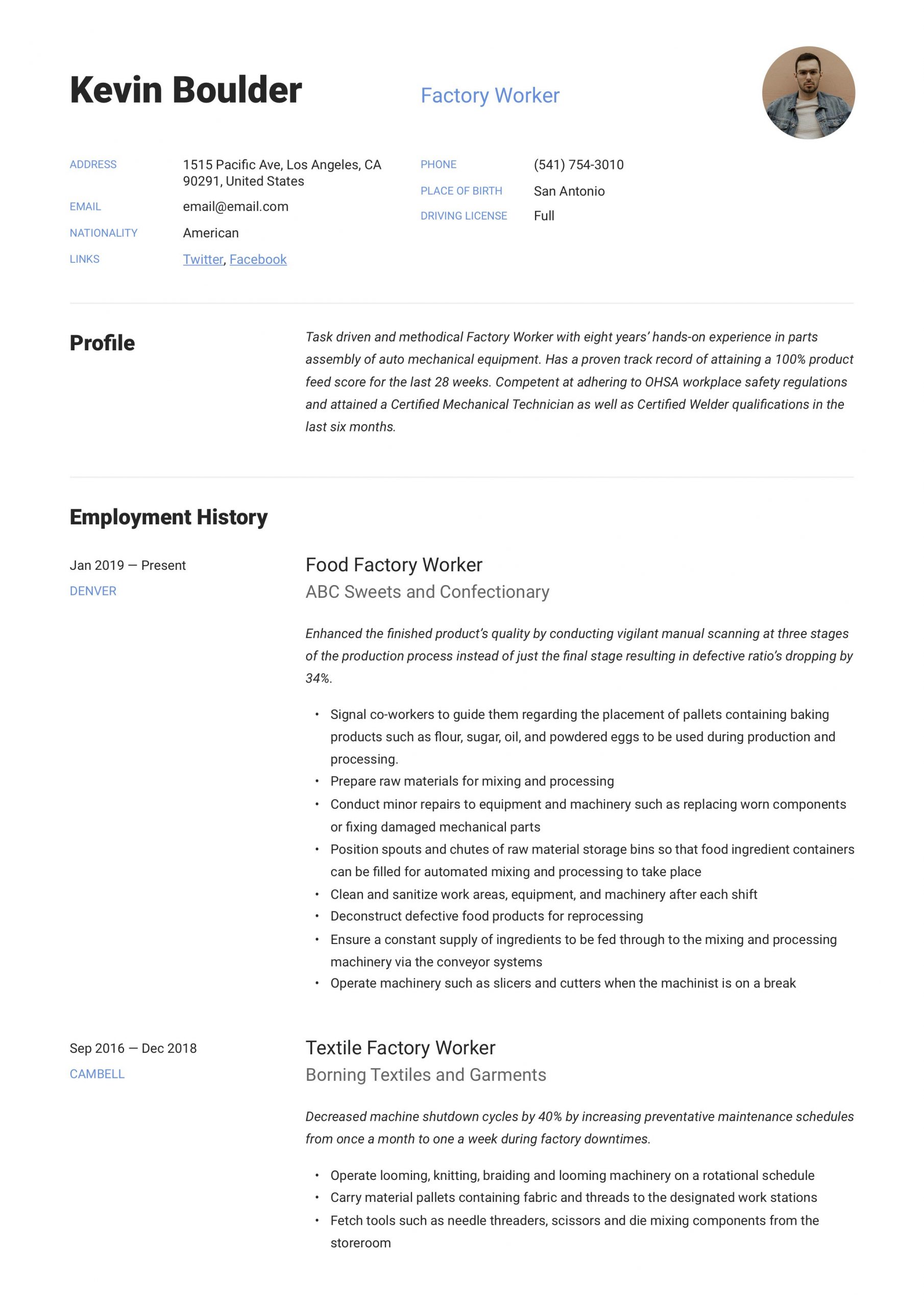Food Production Line Worker Resume Sample Factory Worker Resume & Writing Guide  12 Resume Examples 2020