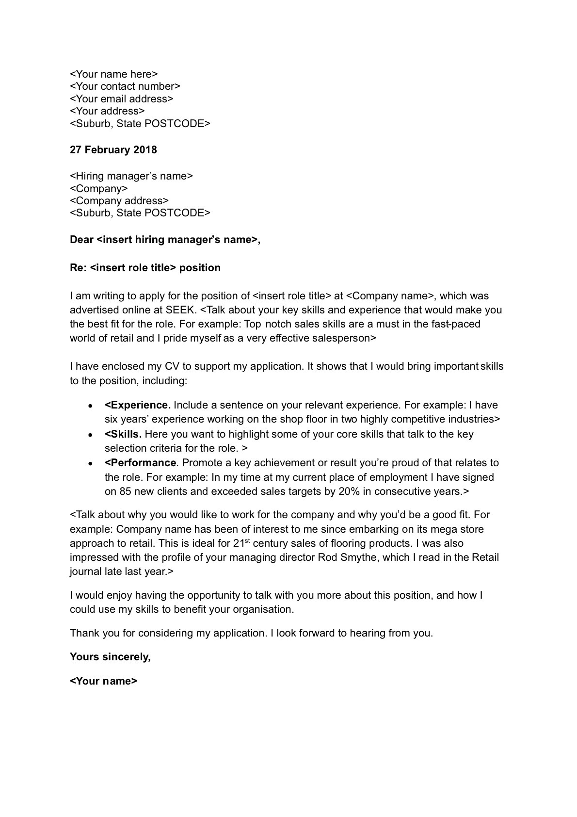 Free Sample Cover Letter and Resume Free Cover Letter Template – Seek Career Advice