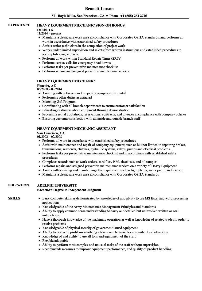 Heavy Duty Mechanic Apprentice Resume Sample Army Mechanic Resume Examples