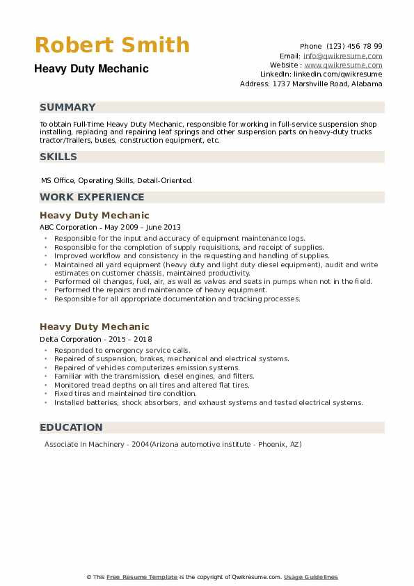 Heavy Duty Mechanic Apprentice Resume Sample Heavy Duty Mechanic Resume Samples