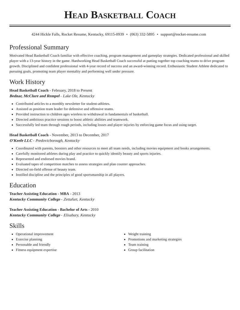 High School Basketball Coach Resume Sample Head Basketball Coach Resume Maker & Example Rocket Resume