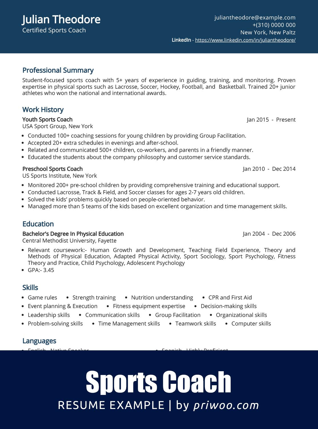 High School Football Coach Resume Sample Sports Coach Resume Example with Tips Priwoo