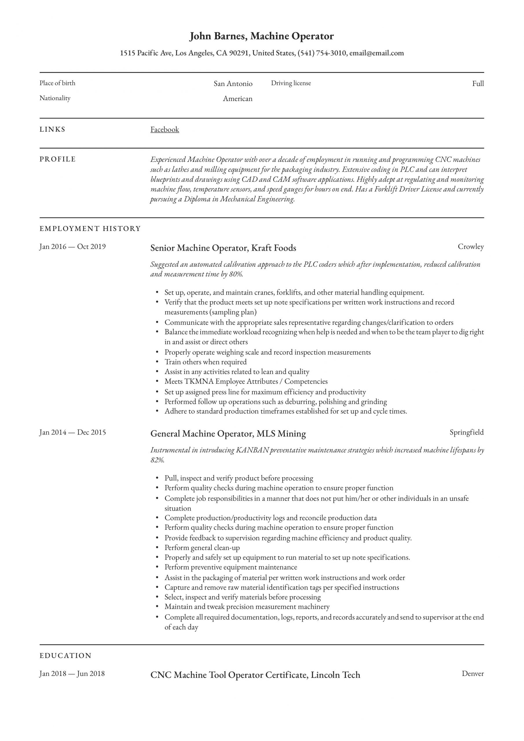 Injection Molding Machine Operator Sample Resume Machine Operator Resume & Writing Guide  12 Templates 2020