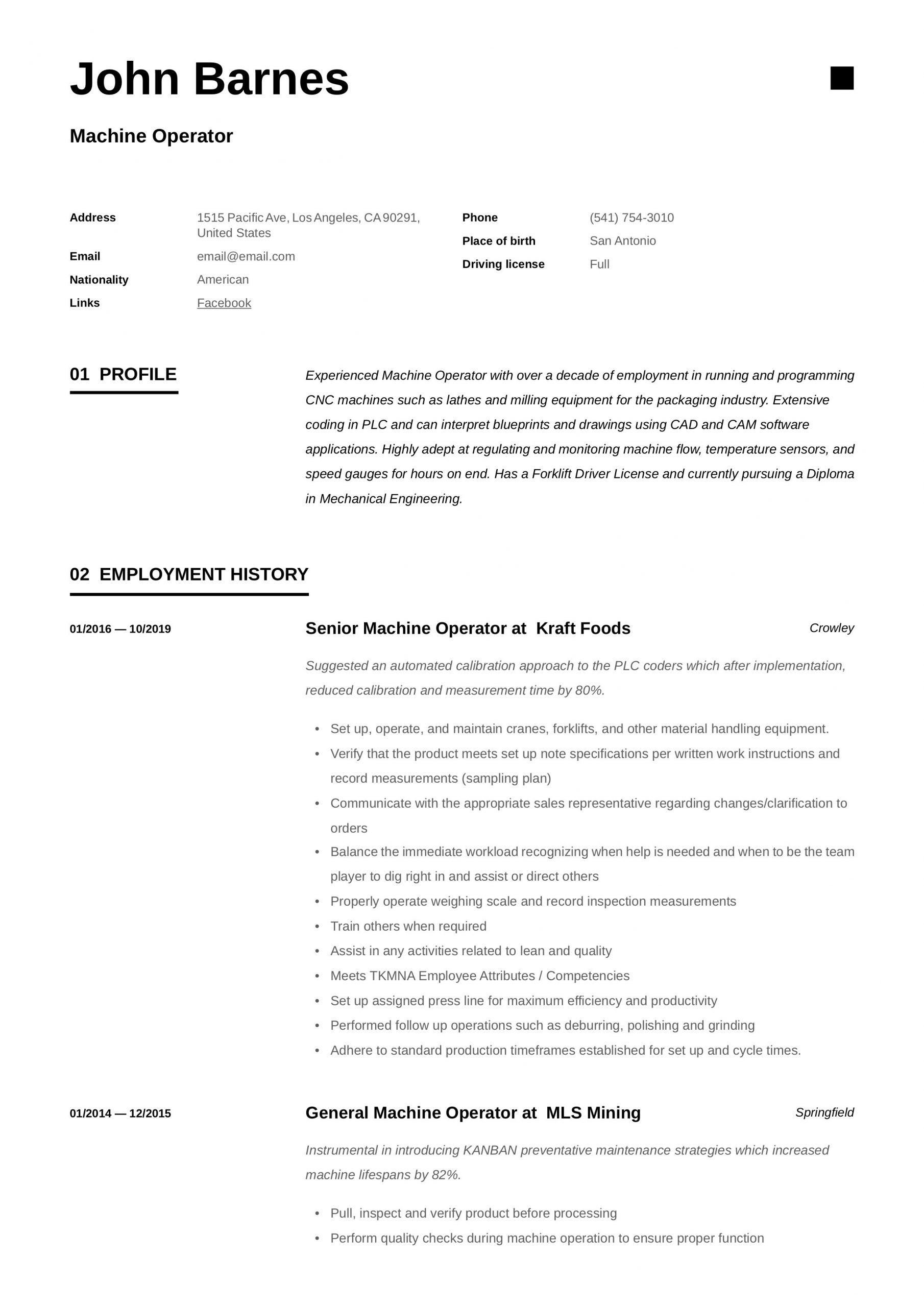 Injection Molding Machine Operator Sample Resume Machine Operator Resume & Writing Guide  12 Templates 2020