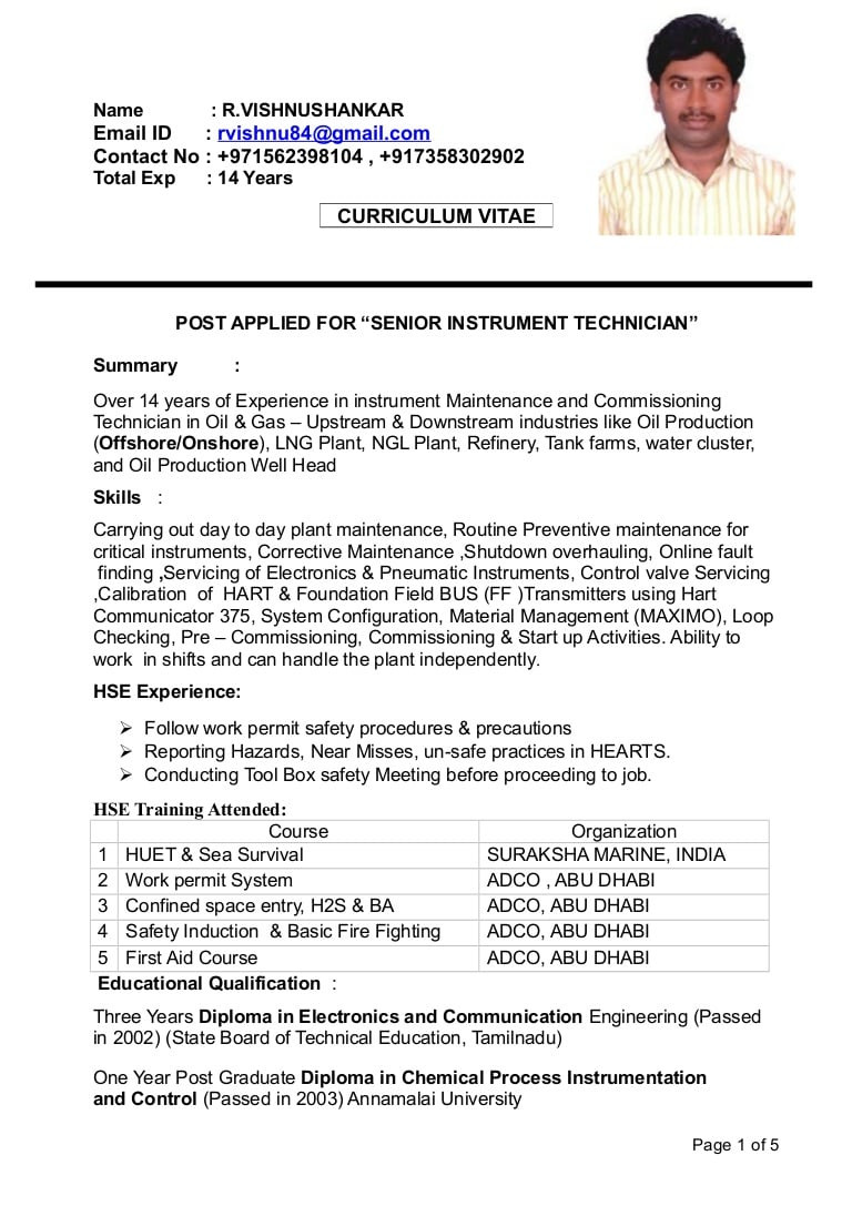 Instrumentation and Control Technician Resume Sample Senior Instrument Technician