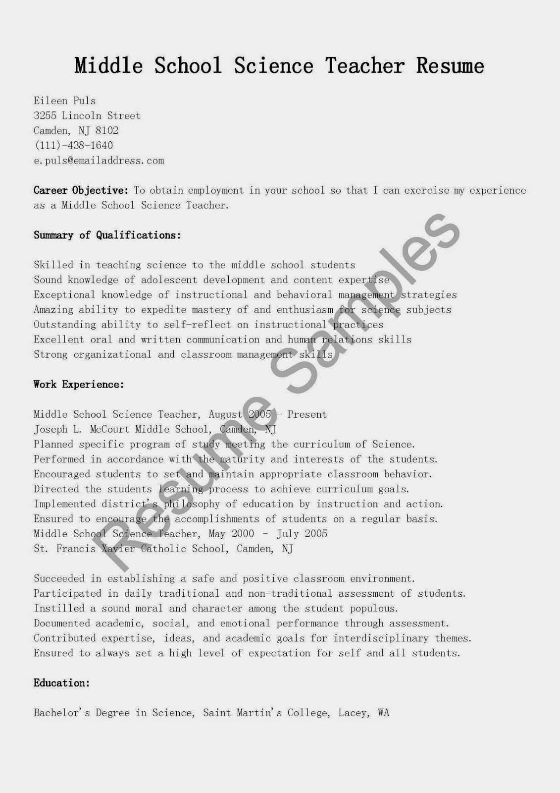 Middle School Science Teacher Resume Samples Resume Samples Middle School Science Teacher Resume Sample