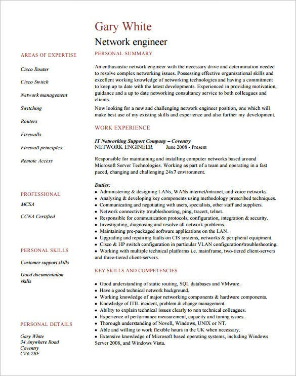 Network Engineer Resume Sample for Fresher 6 Network Engineer Resume Templates Psd Doc Pdf