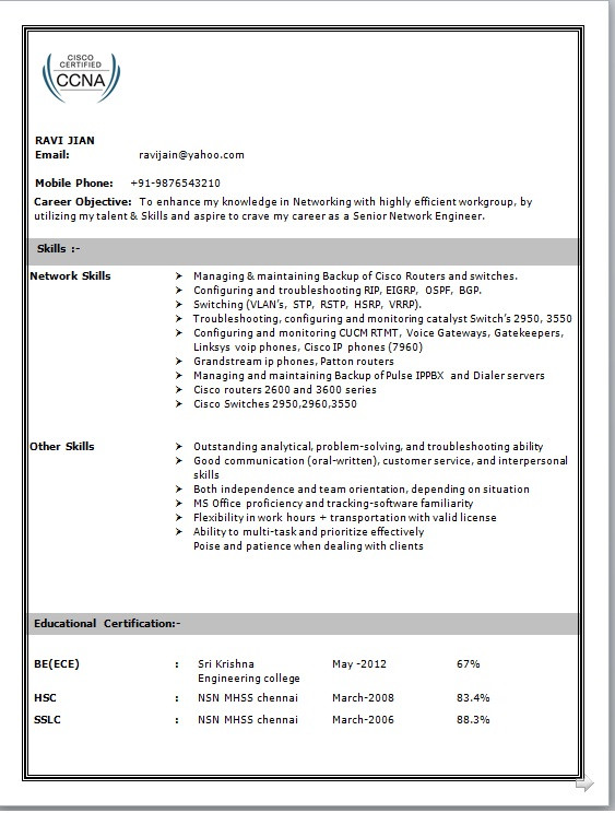 Network Engineer Resume Sample for Fresher Network Engineer Resume format