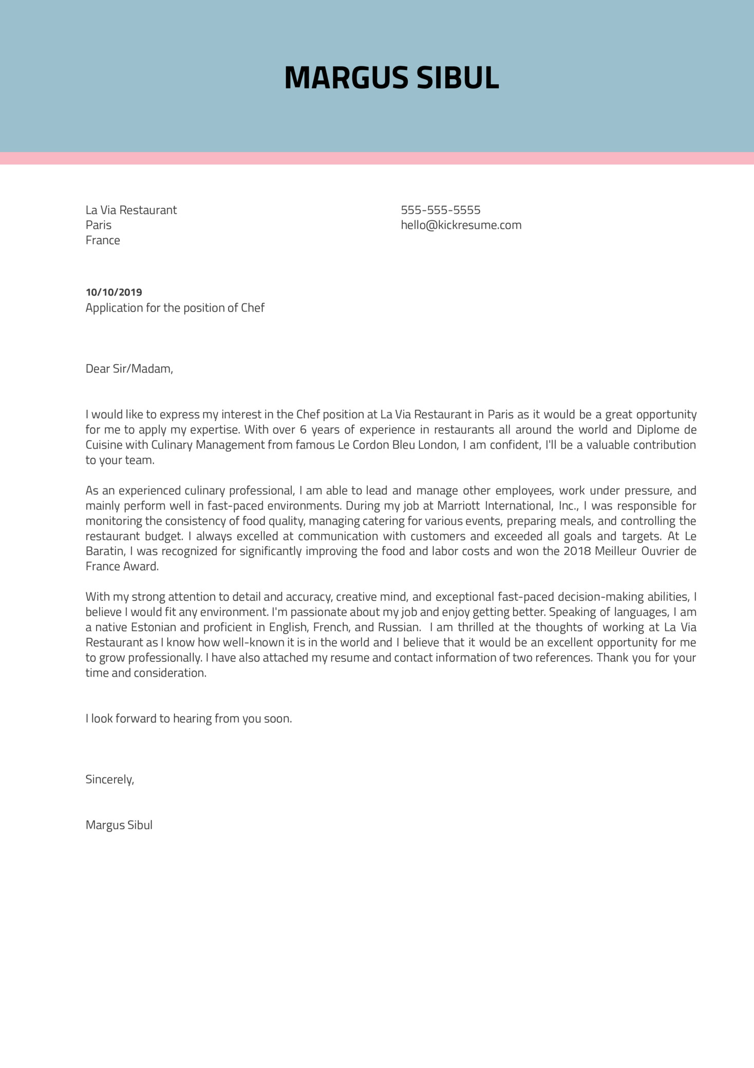 Sample Cover Letter for Chef Resume Chef Cover Letter Example Sample Cover Letter for Chef Resume Chef Cover Letter Example