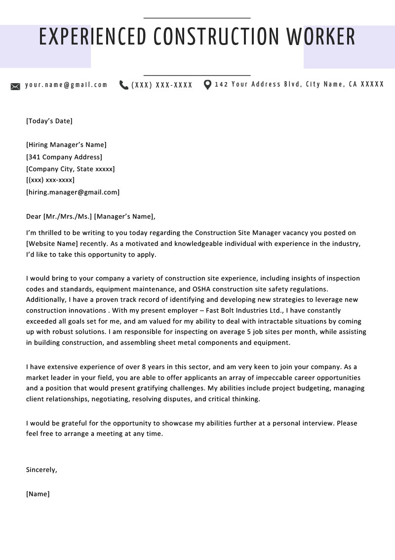 Sample Cover Letter for Construction Resume Construction Cover Letter Example & Writing Tips