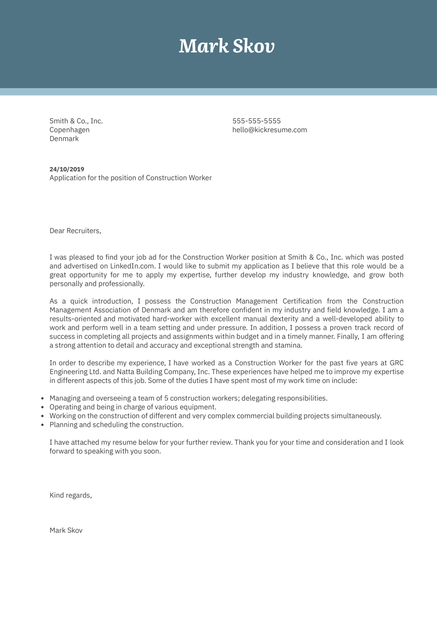 Sample Cover Letter for Construction Resume Construction Worker Cover Letter Example