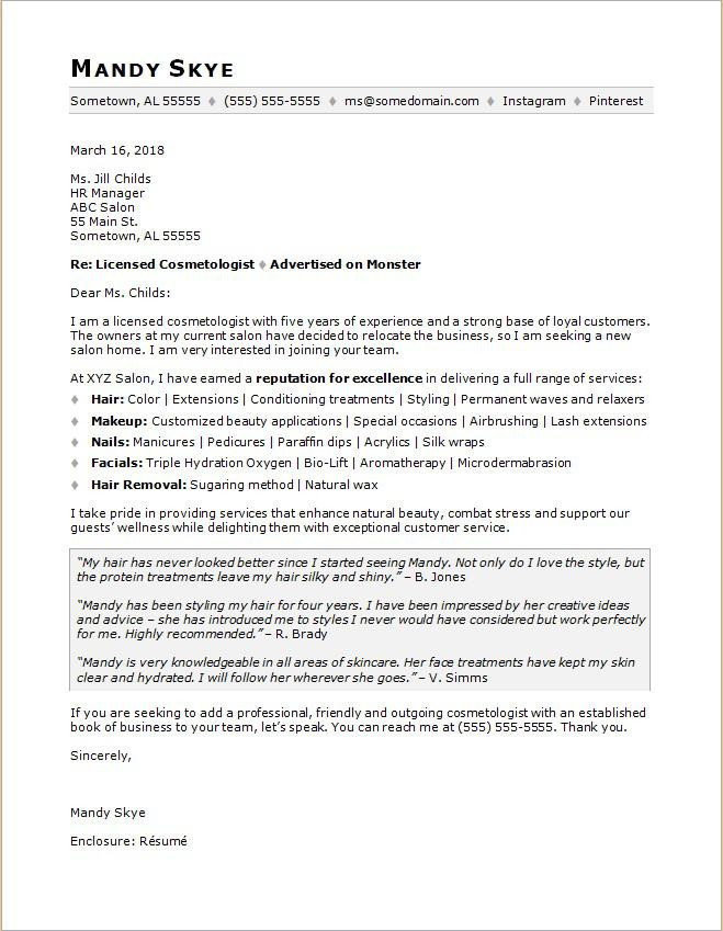Sample Cover Letter for Cosmetology Resume Cosmetology Cover Letter Sample