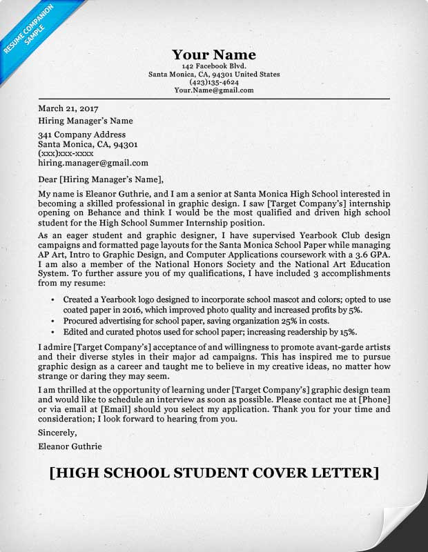 Sample Cover Letter for Resume for High School Student High School Student Cover Letter Sample & Guide