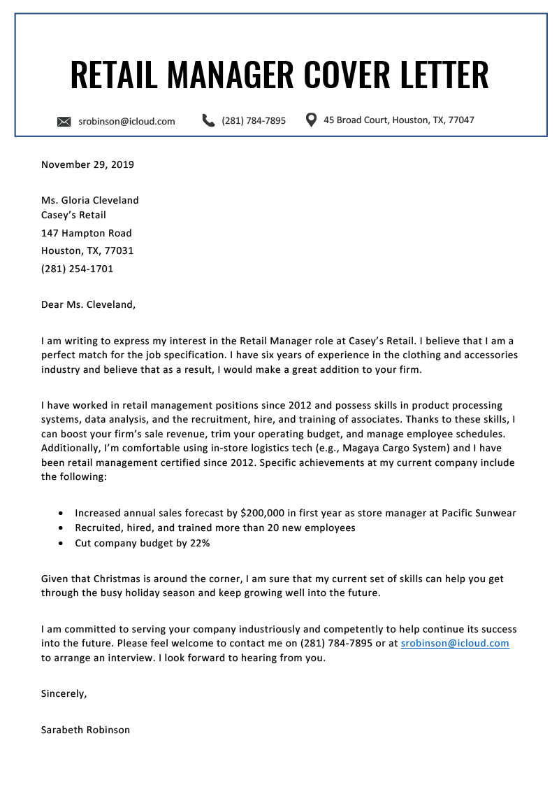 Sample Cover Letter for Resume Management Retail Manager Cover Letter Example