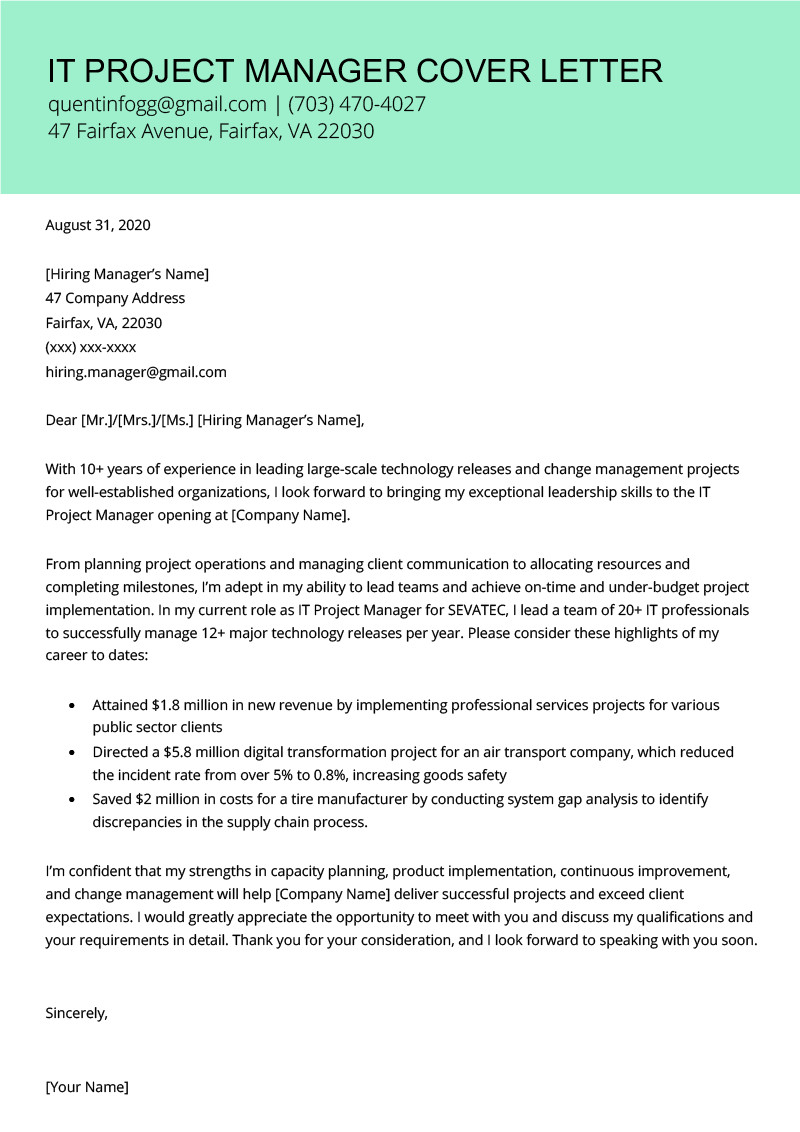 Sample Cover Letter for Resume Project Manager It Project Manager Cover Letter Example