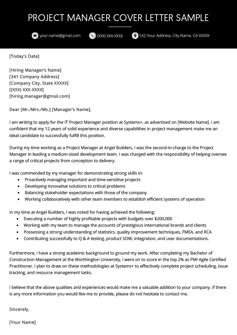 Sample Cover Letter for Resume Project Manager Project Manager Cover Letter