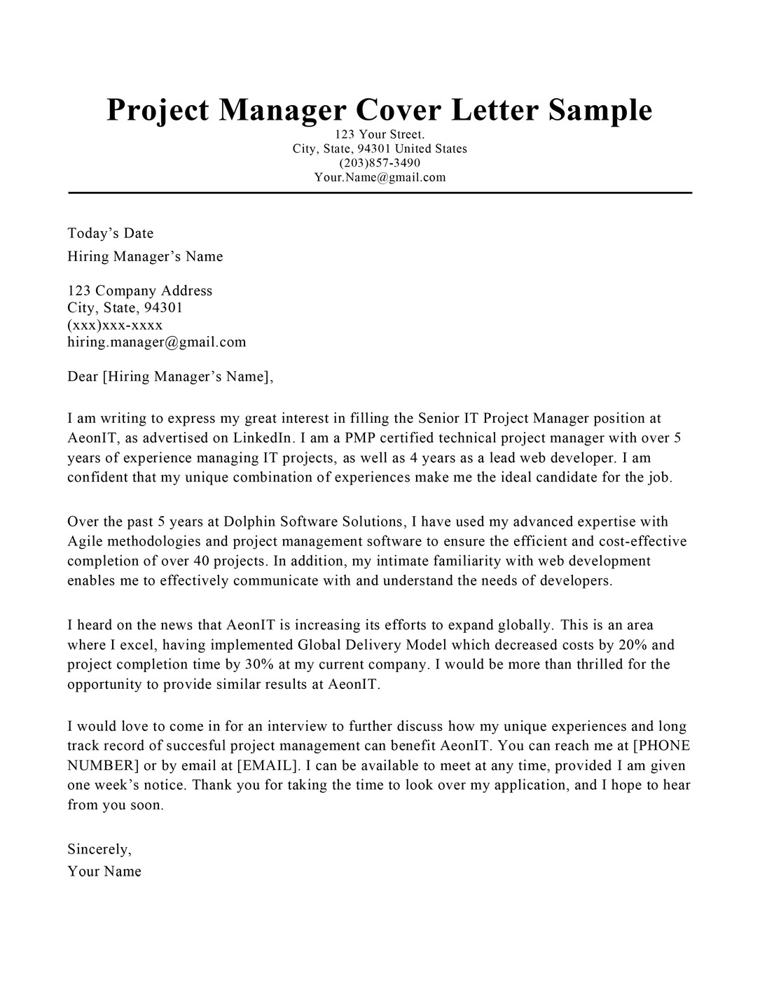 Sample Cover Letter for Resume Project Manager Project Manager Cover Letter Sample & Tips