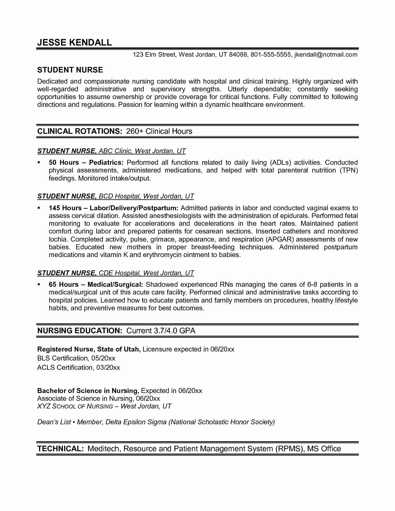 Sample Nursing Student Resume Clinical Experience Sample Resume for Graduate Nursing Schol