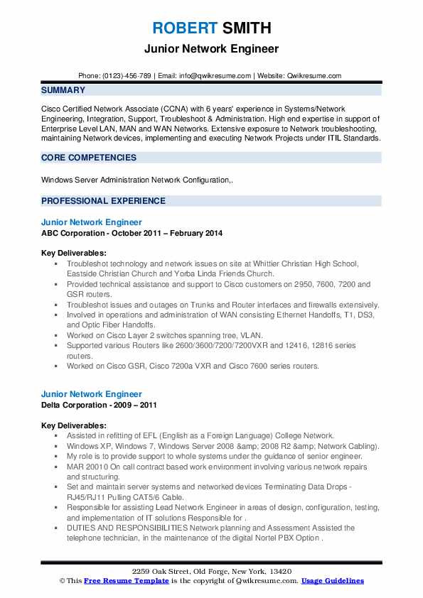 Sample Resume for 1 Year Experience In Network Engineer Junior Network Engineer Resume Samples