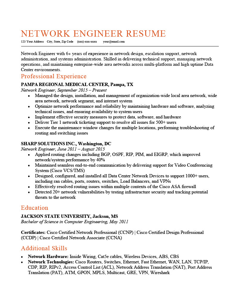 Sample Resume for 1 Year Experience In Network Engineer Network Engineer Resume