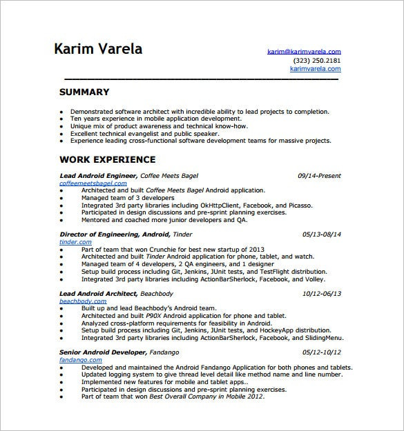 Sample Resume for 1 Year Experienced android Developer 14 android Developer Resume Templates Free Word Excel
