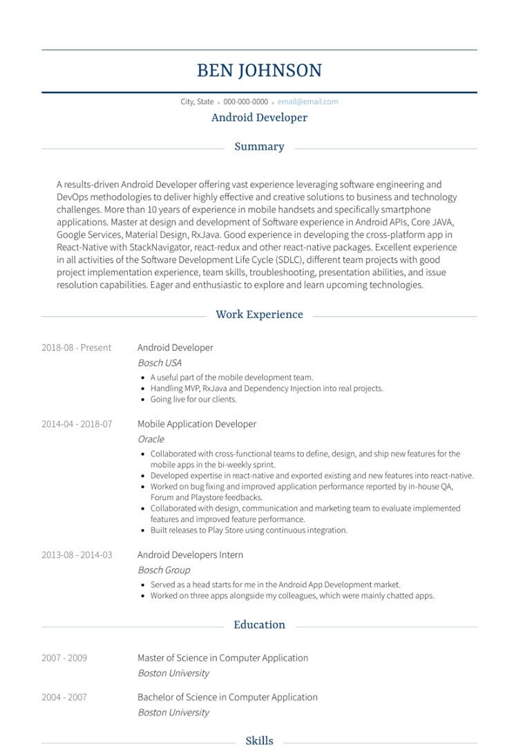 Sample Resume for 1 Year Experienced android Developer android Developer Resume Tips and Templates