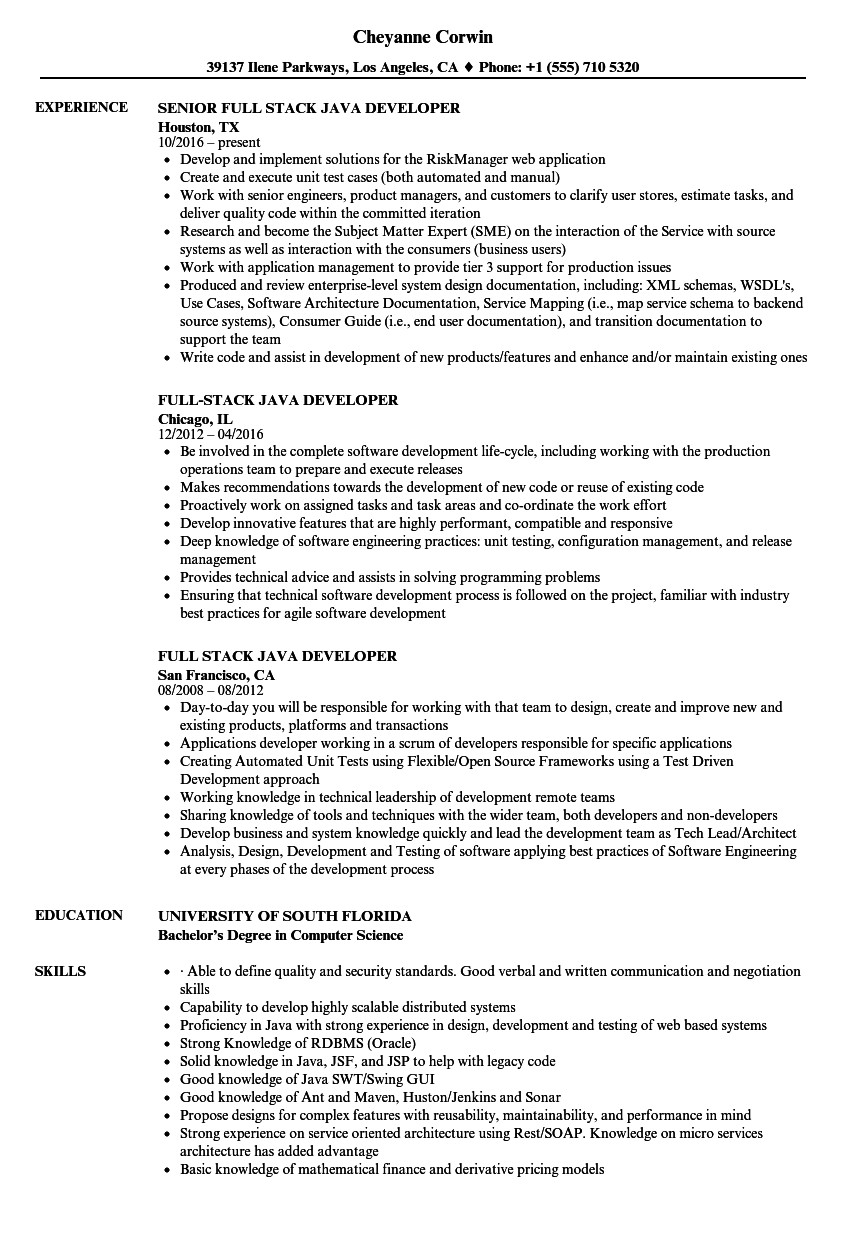 Sample Resume for 1 Year Experienced Java Developer Java Developer Resume Sample