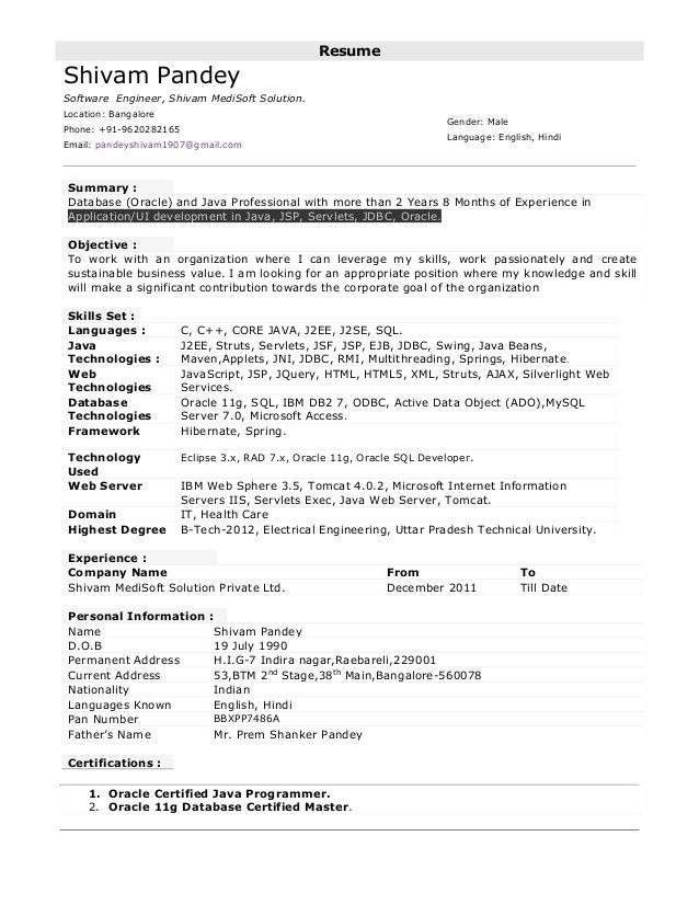 Sample Resume for 2 Years Experience In Java Sample Resume for 2 Years Experienced Java Developer