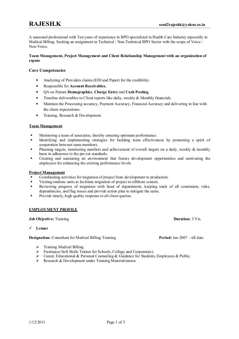 Sample Resume for Bpo Non Voice Process Experienced Rajesh Resume Bpo Jan 2011