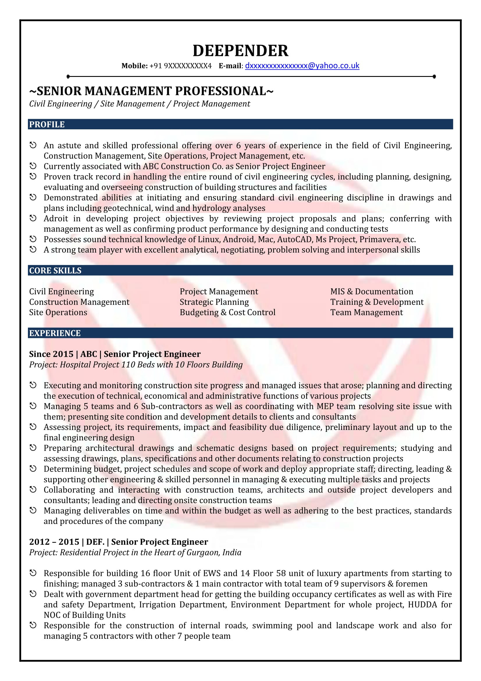 Sample Resume for Civil Engineer Fresher Pdf Civil Engineer Sample Resumes, Download Resume format Templates!