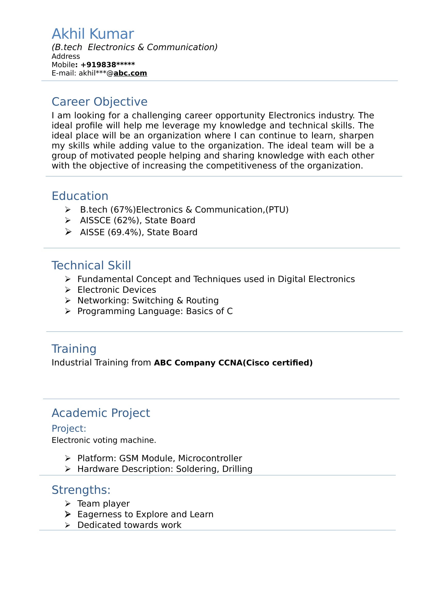 Sample Resume for Electronics and Communication Engineer Fresher Resume Templates for Electronics and Munication