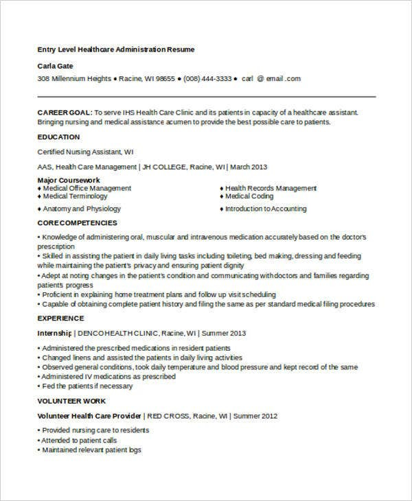 Sample Resume for Entry Level Healthcare Administration 44 Administration Resume Templates Pdf Doc