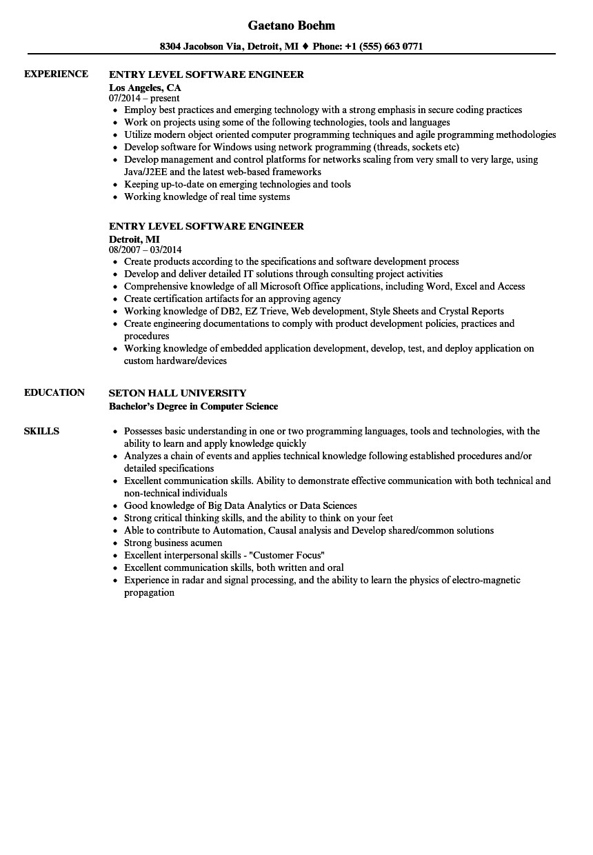 Sample Resume for Entry Level software Engineers Entry Level software Engineer Resume Samples